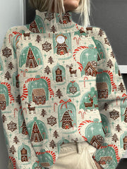 Retro Christmas Gifts Print Knit Turtleneck Pullover Sweater