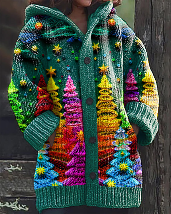 Vintage Christmas Tree Print Hooded Cardigan
