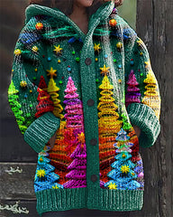 Vintage Christmas Tree Print Hooded Cardigan