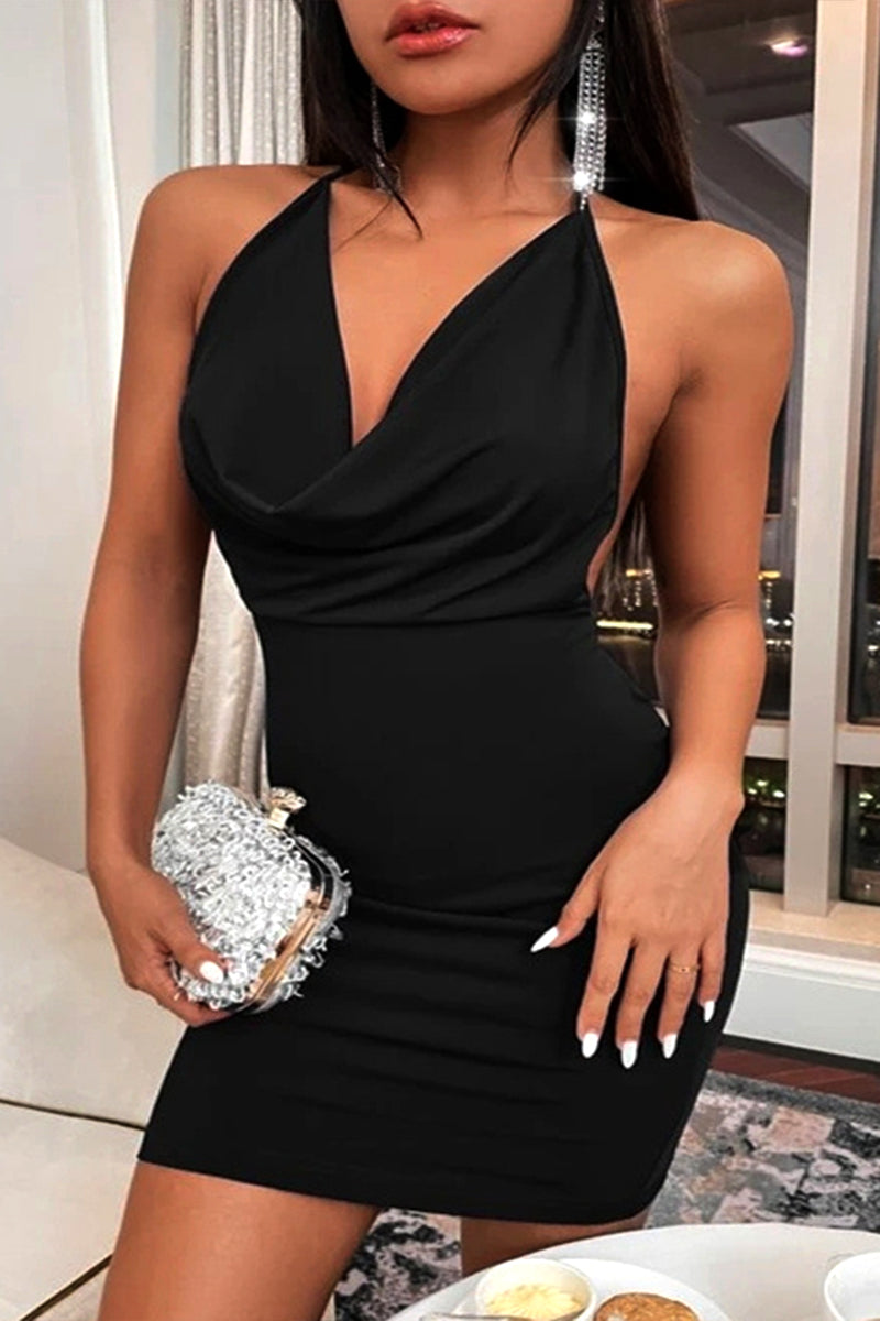 Draped Ruched Backless Halter Mini Dress