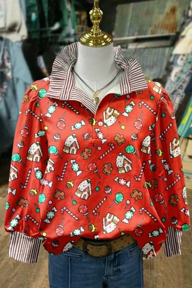 Retro Christmas Print Casual Long Sleeve Comfortable Top