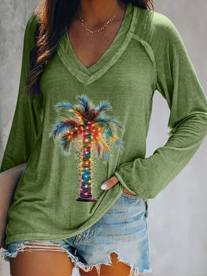 Casual V-Neck Printed Long Sleeve T-Shirt