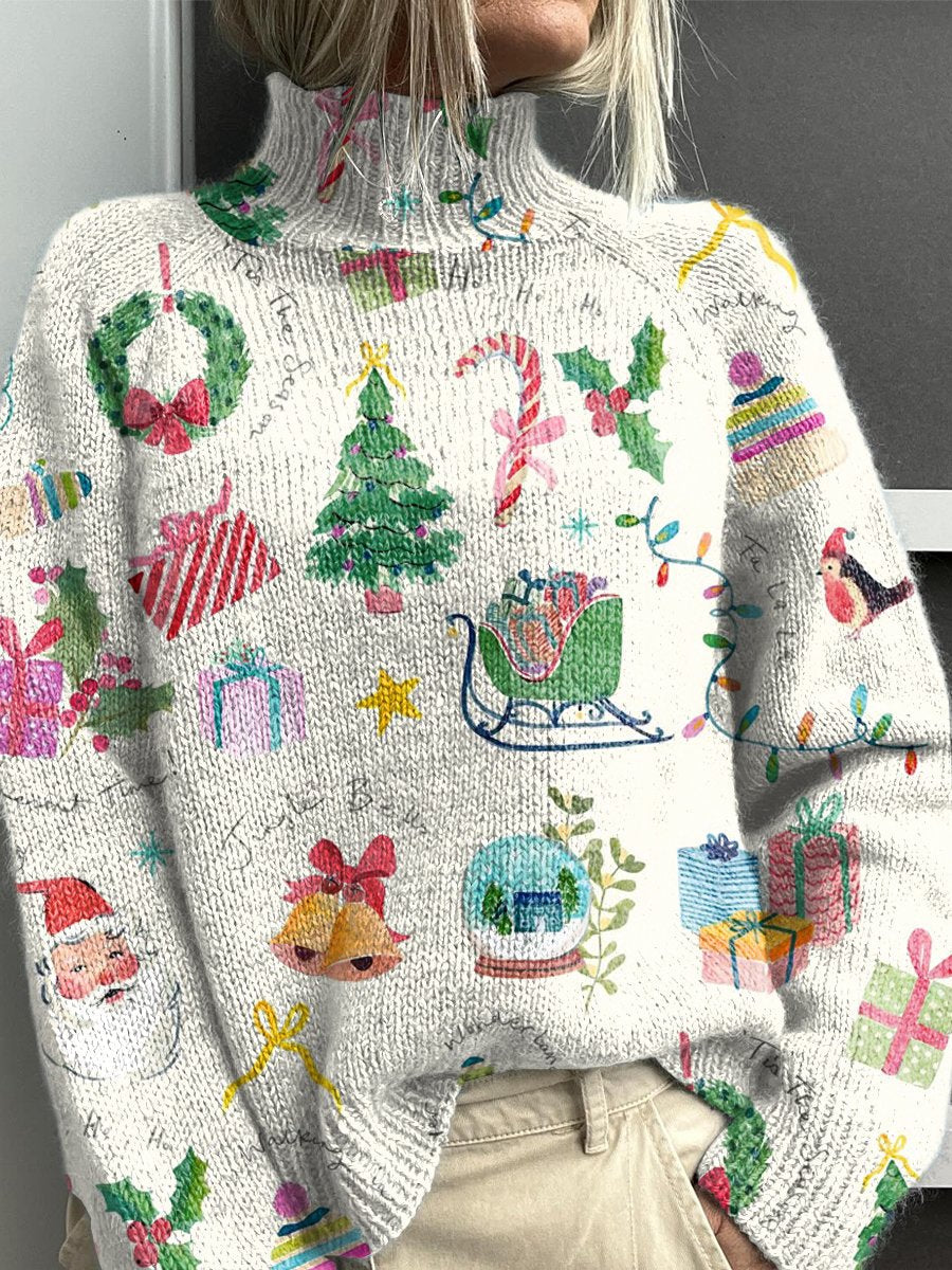 Retro Christmas Elements Print Knit Turtleneck Pullover Sweater