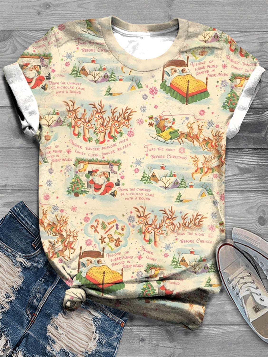 Retro Christmas Vibe Print Crew Neck T-Shirt