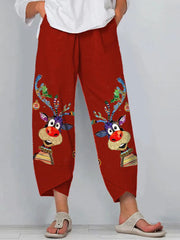 Lovely Cartoon Reindeer Print Merry Christmas Pants