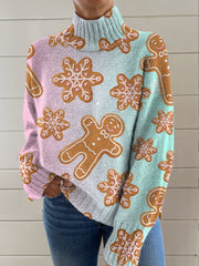 Christmas Gradient Gingerbread Man Print Knit Turtleneck Pullover Sweater