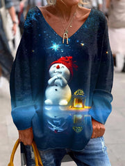 Women's Winter Snowman Print V Neck Long Sleeve Top