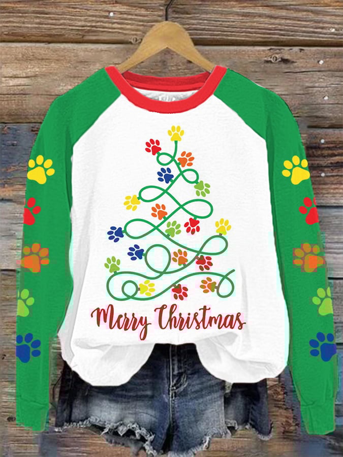 Merry Christmas Paw Tree Print Sweatshirt
