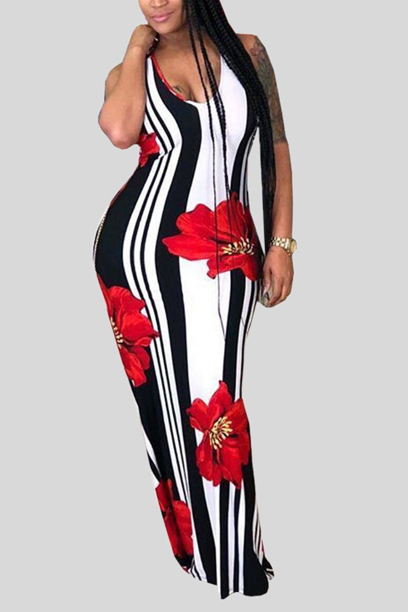 Stripe Floral Print Criss Cross Back Maxi Dress