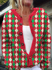Christmas Plaid Round Neck Long Sleeve Cardigan