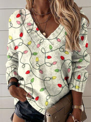 Vintage Christmas Light Print Knit V-neck Pullover Sweater