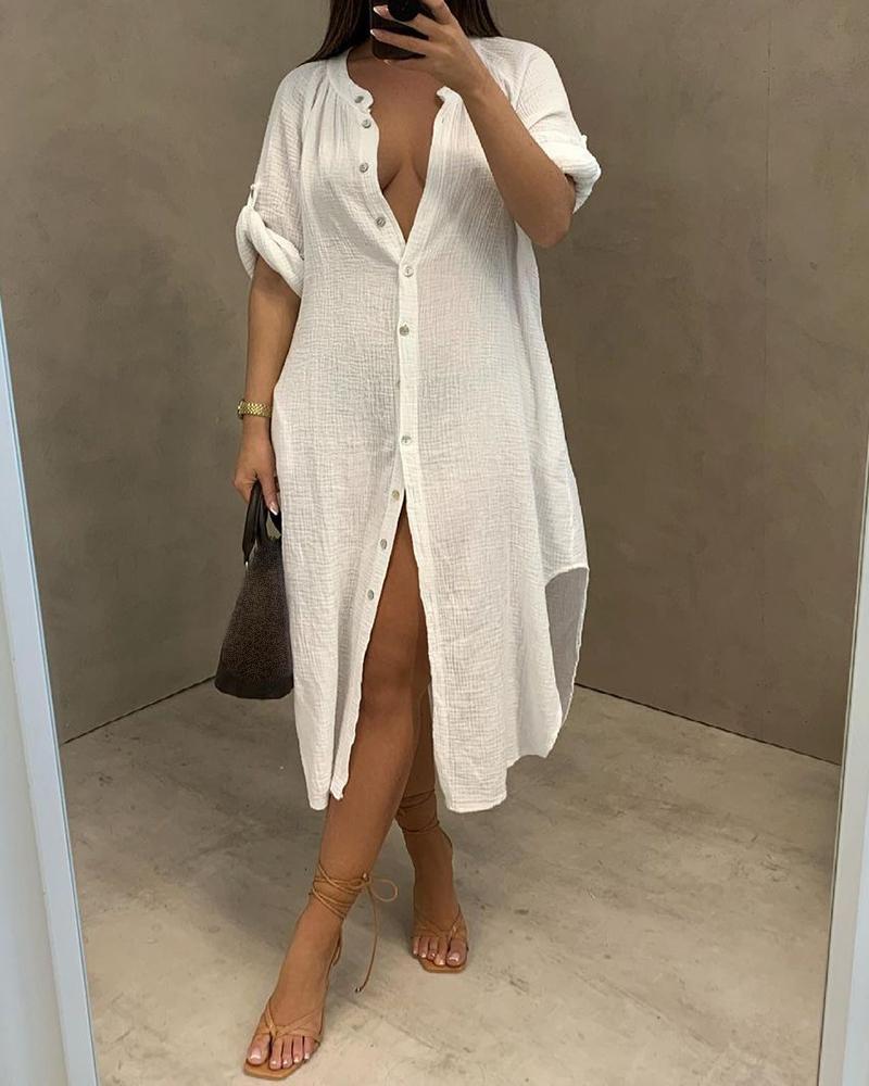 Plain Button Design Long Sleeve Dress