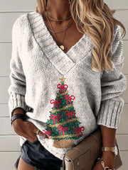 Christmas Tree Art Print Knit V-neck Pullover Sweater