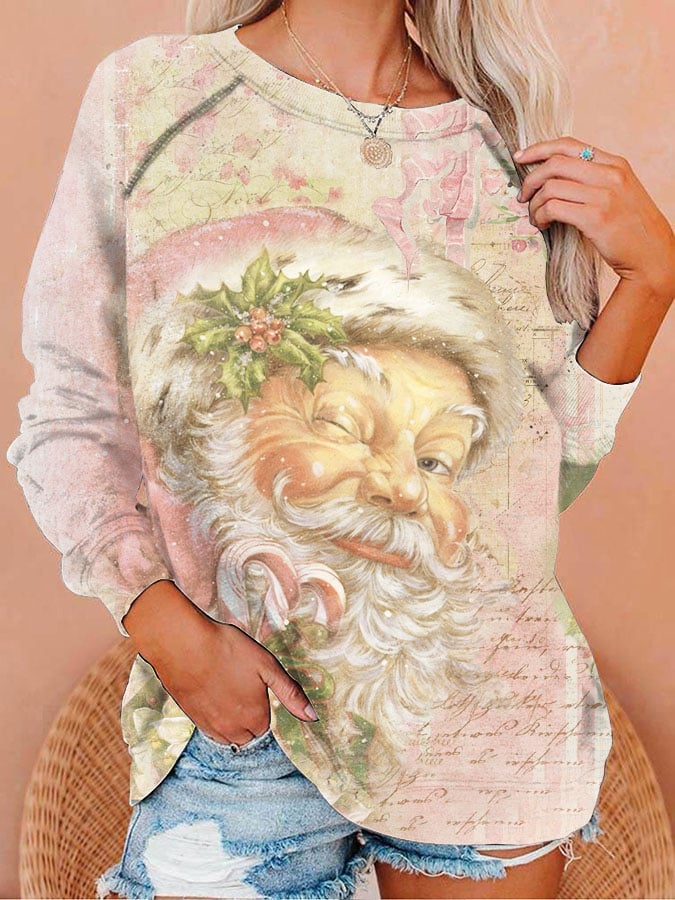 Pink Vintage Santa Claus Print Sweatshirt