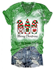 Women Merry Christmas Wave Point Gnomes Print T-Shirt
