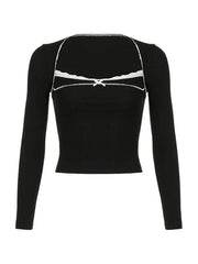 Square Neck Lace Splice Long Sleeve Tee