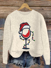 Christmas Wine Print Crew Neck Sweatshirt