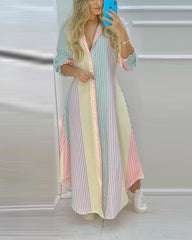 Colorful Stripe Print Button Front High Slit Long Shirt Dress