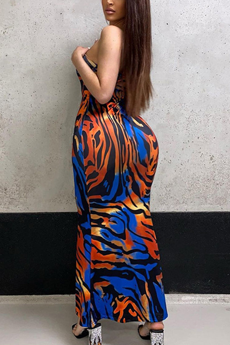 Allover Print Ruffle Hem Maxi Tube Dress