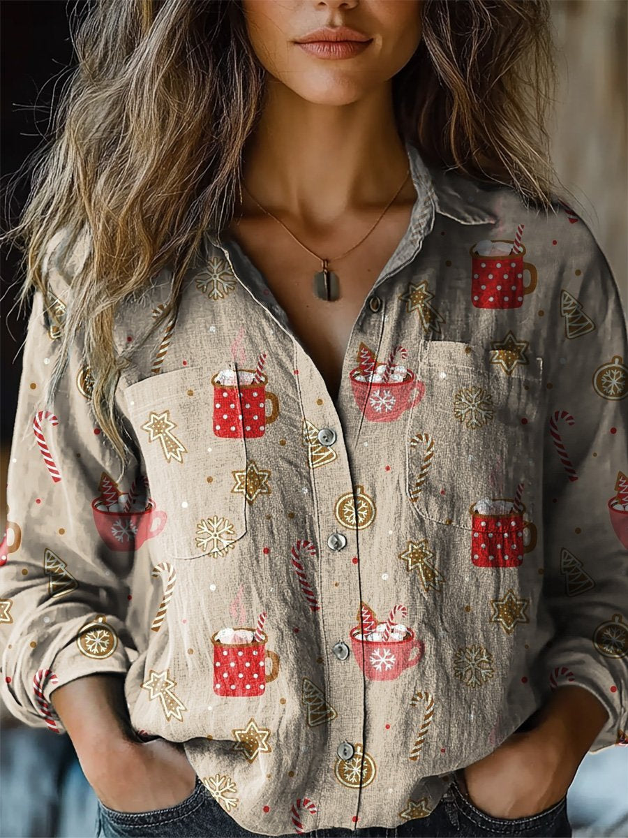 Christmas Biscuit And Hot Chocolate Pattern Printed Casual Long Sleeve Comfortable Cotton Shirt