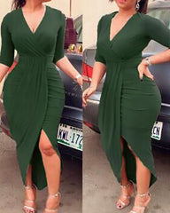 Deep V Ruched Tulip Hem Party Dress