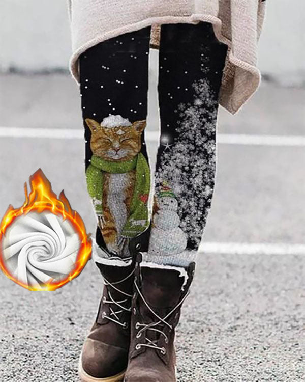 Christmas Snowman Cute Cat Warm Fleece Leggings