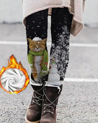 Christmas Snowman Cute Cat Warm Fleece Leggings