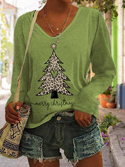 Christmas Leopard Christmas Tree Print V-Neck Long Sleeve T-Shirt