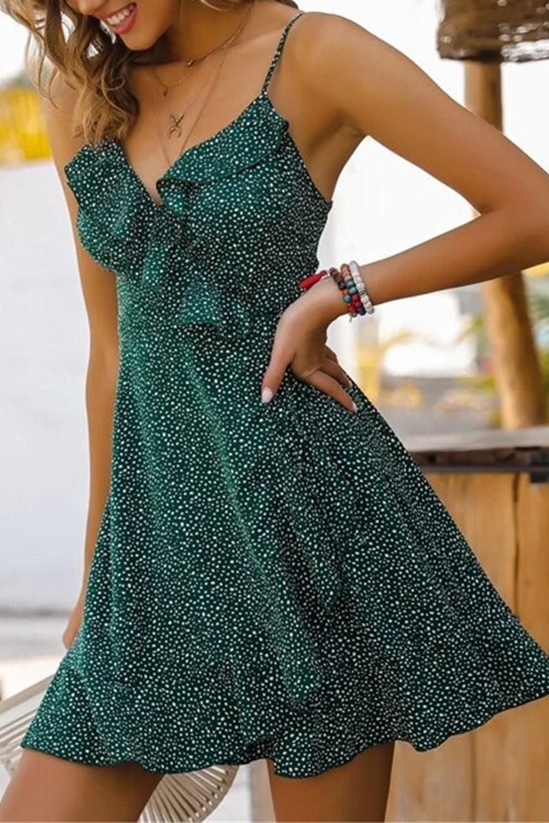Allover Print Wrap Hem Ruffle Trim Cami Dress