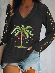 Christmas Palm Tree Print V-Neck T-Shirt