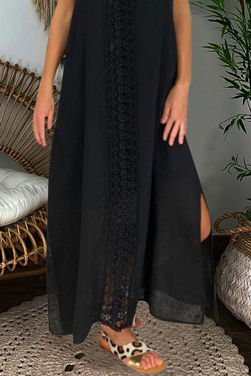 Guipure Lace Trim Split Hem Maxi Dress