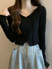 Solid V Neck Slit Hem Long Sleeve Knit