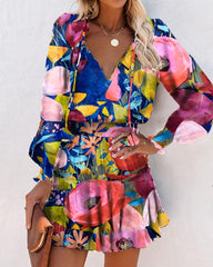 Multicolor Floral Print Skinny Waist Long Sleeve Mini Dress