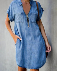 Solid Short Sleeve Loose Denim Mini Dress