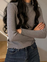 Solid Lettuce Trim Mock Neck Slim Knit Sweater