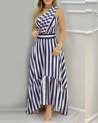 One Shoulder Striped Colorblock Casual Dress