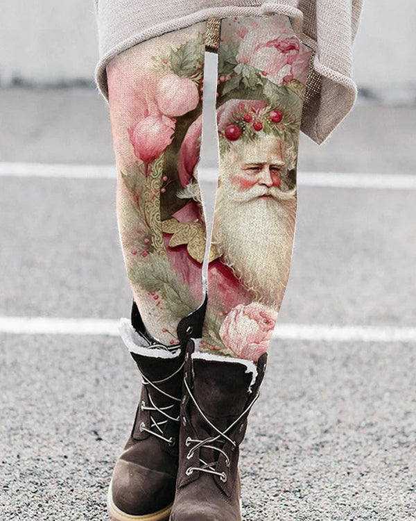 Retro Pink Christmas Santa Print Leggings