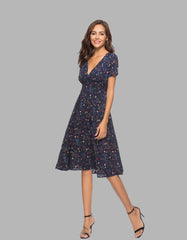 Deep V Bohemian Floral Printed Short Sleeve Long A-Line Dresses