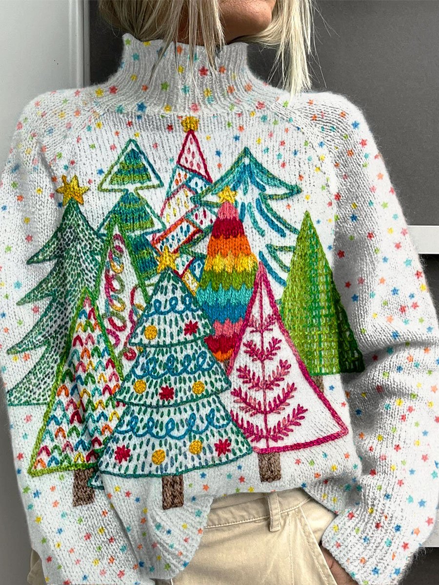 Vintage ChristmasTree Print Knit Turtleneck Pullover Sweater