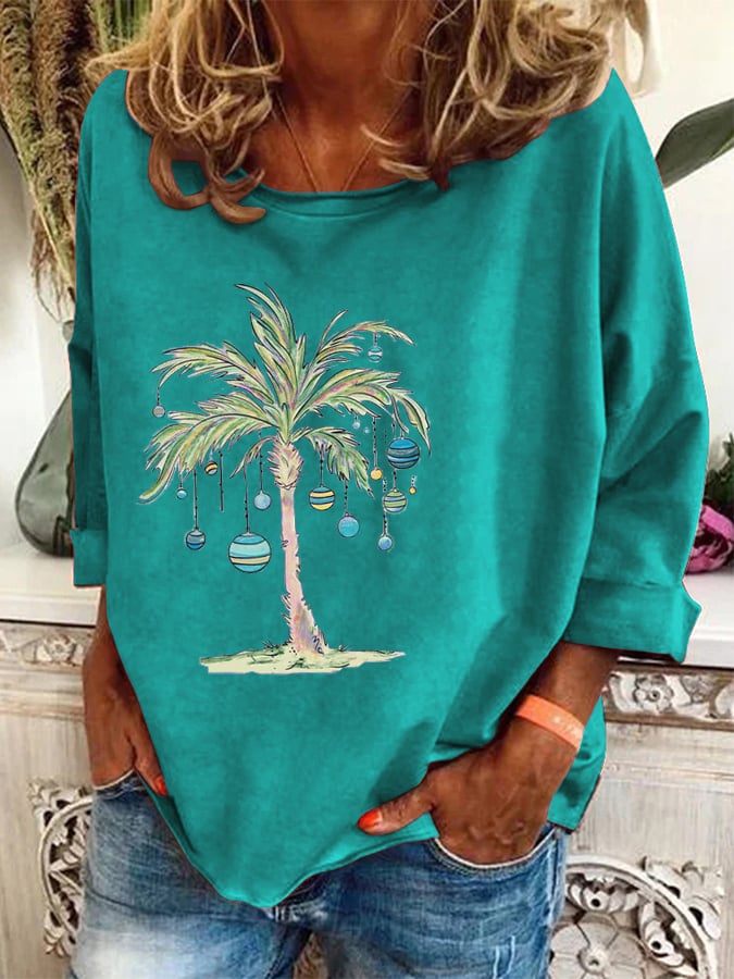 Casual Christmas Coconut Tree Print Top