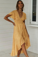 Asymmetric Mini Floral Sleeved Tie Side Beach Wrap Dress