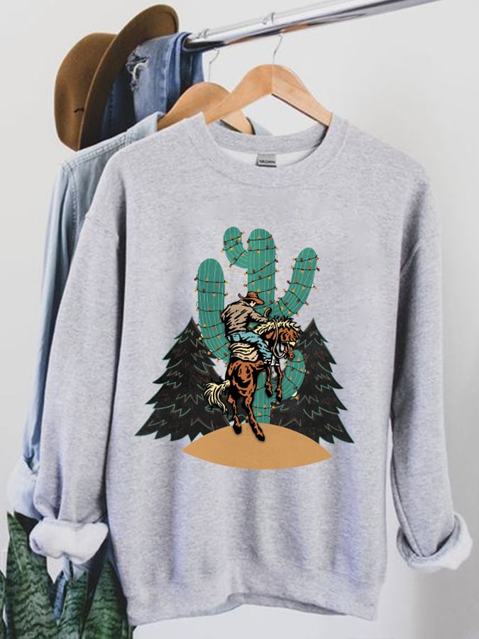 Christmas Cowboy Bronco Cactus Christmas Lights Print Sweatshirt