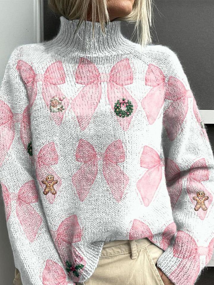 Christmas Bow Art Print Knit Turtleneck Pullover Sweater