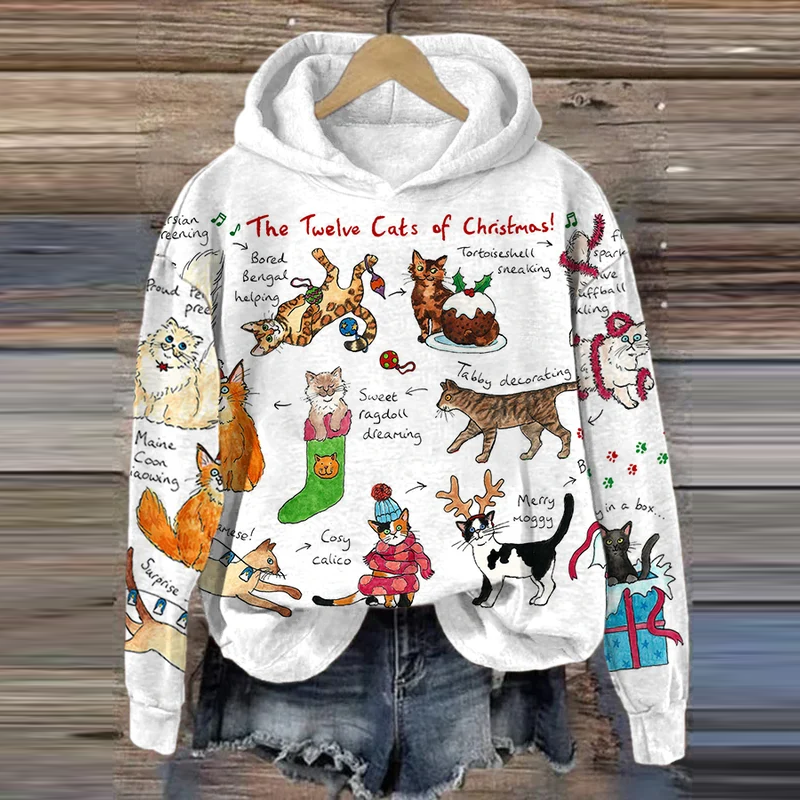 The Twelve Cats Of Christmas Pattern Printed Hoodie