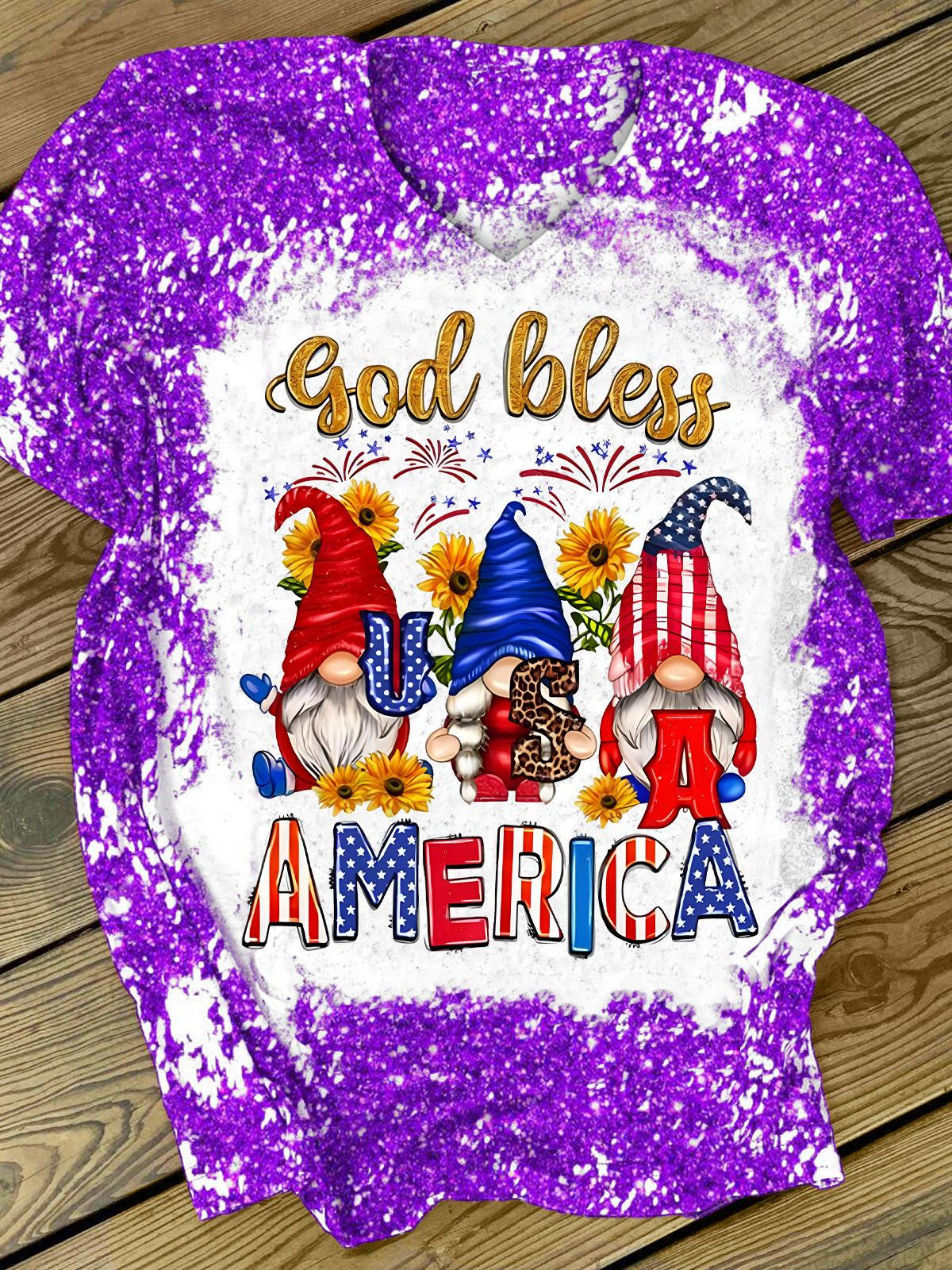 God Bless America Gnome Glitter Print V-Neck Short Sleeve T-Shirt