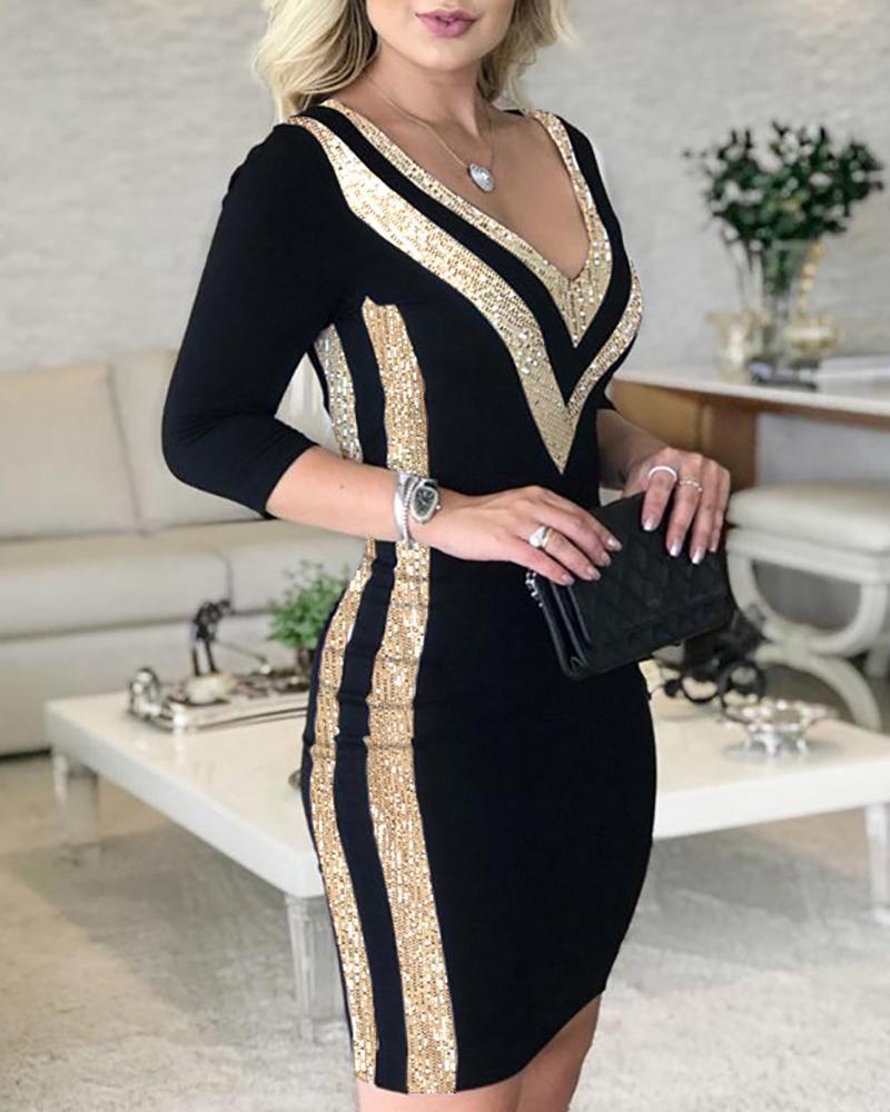 Sequins Colorblock Long Sleeve Dress