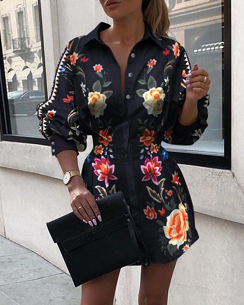 Floral Print Tight Waist Shirt Dress
