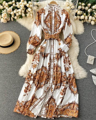 Vintage All Over Print Long Sleeve Maxi Dress With Belt