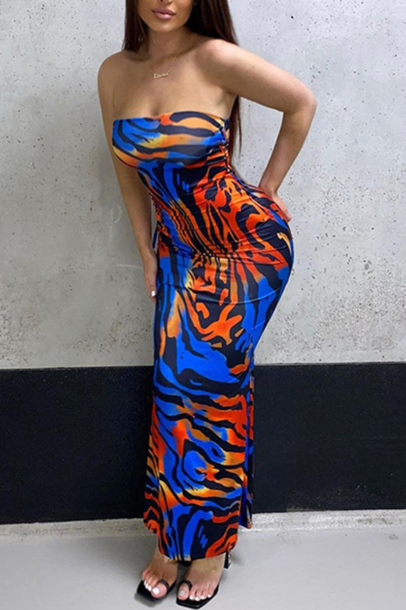 Allover Print Ruffle Hem Maxi Tube Dress