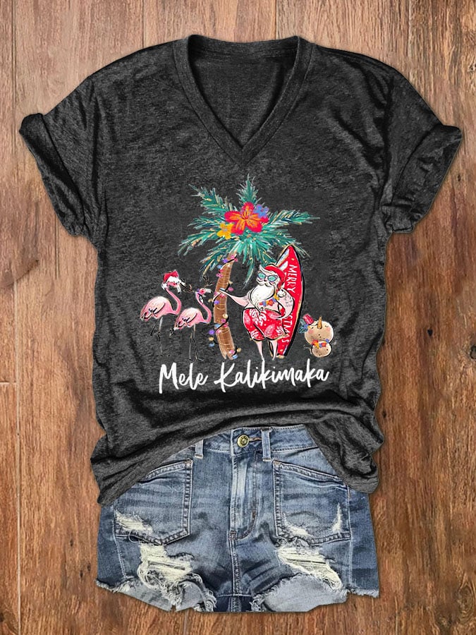 Mele Kalikimaka Hawaii Christmas Print V-Neck T-Shirt